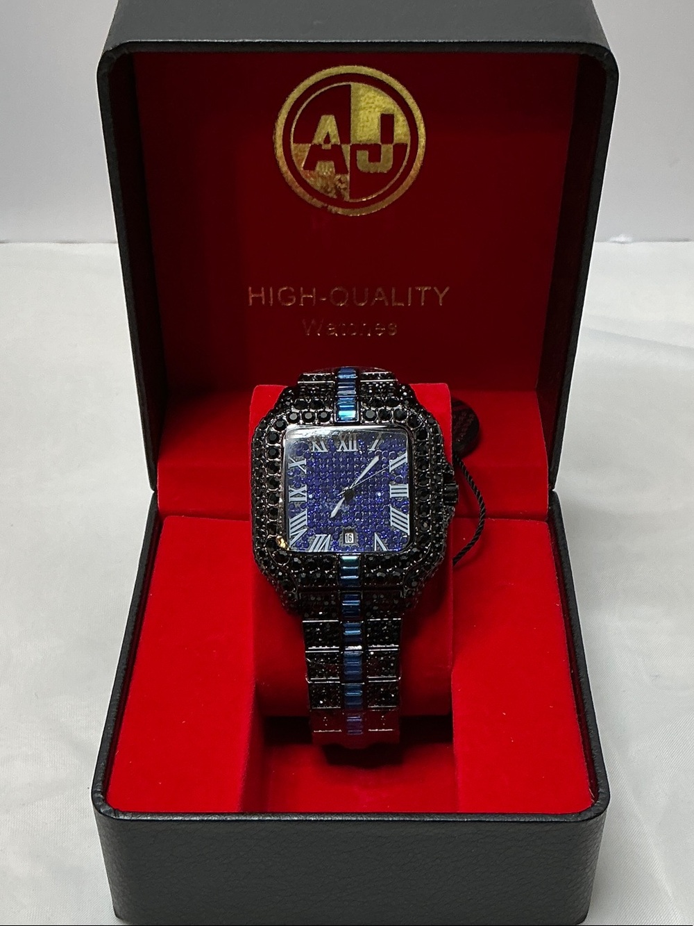 Men's Black & Blue Crystal Bracelet Watch VVS CZ